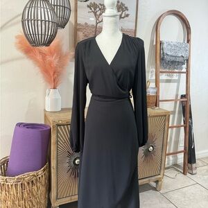 ASOS Black Long Sleeve Sheath Dress with Wrap Tie Front